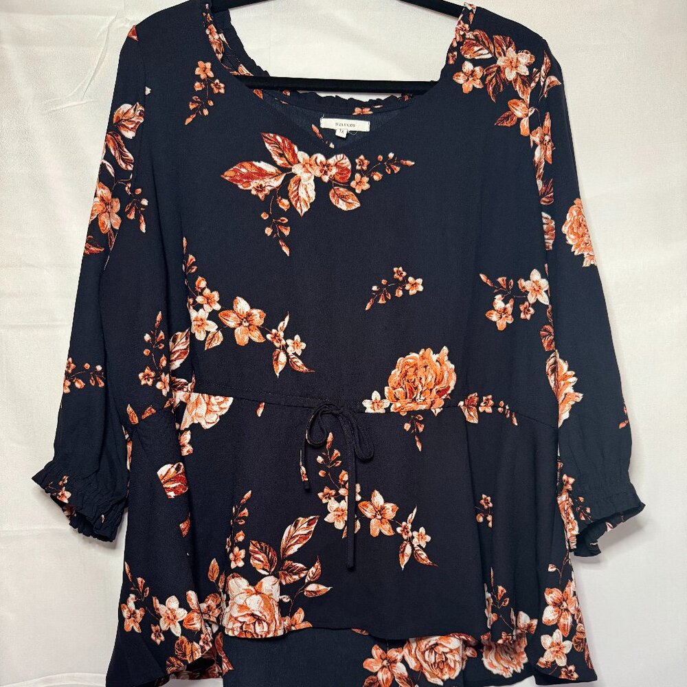Maurice's Blouse Women's Plus Size 1X Blue Floral Cinched Waist Ruffle Neck